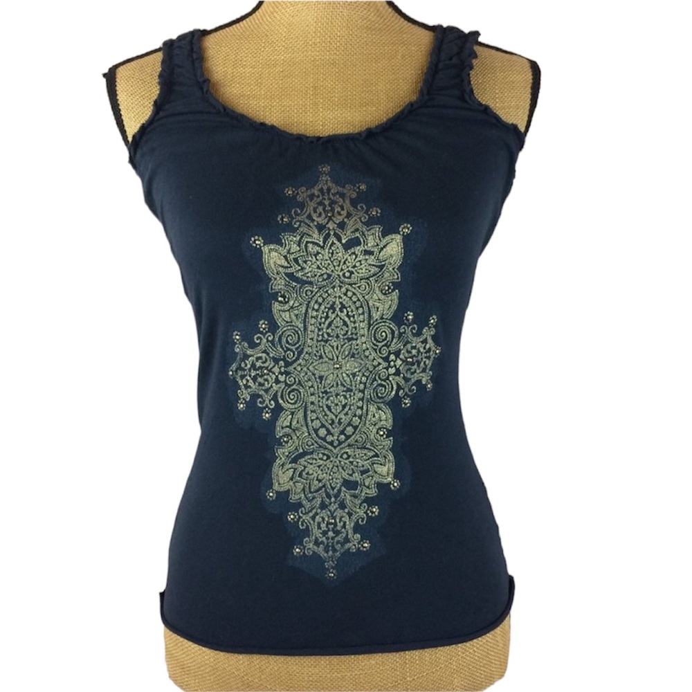 EXPRESS X2 Navy Gold Metallic Embellished Tank XS
